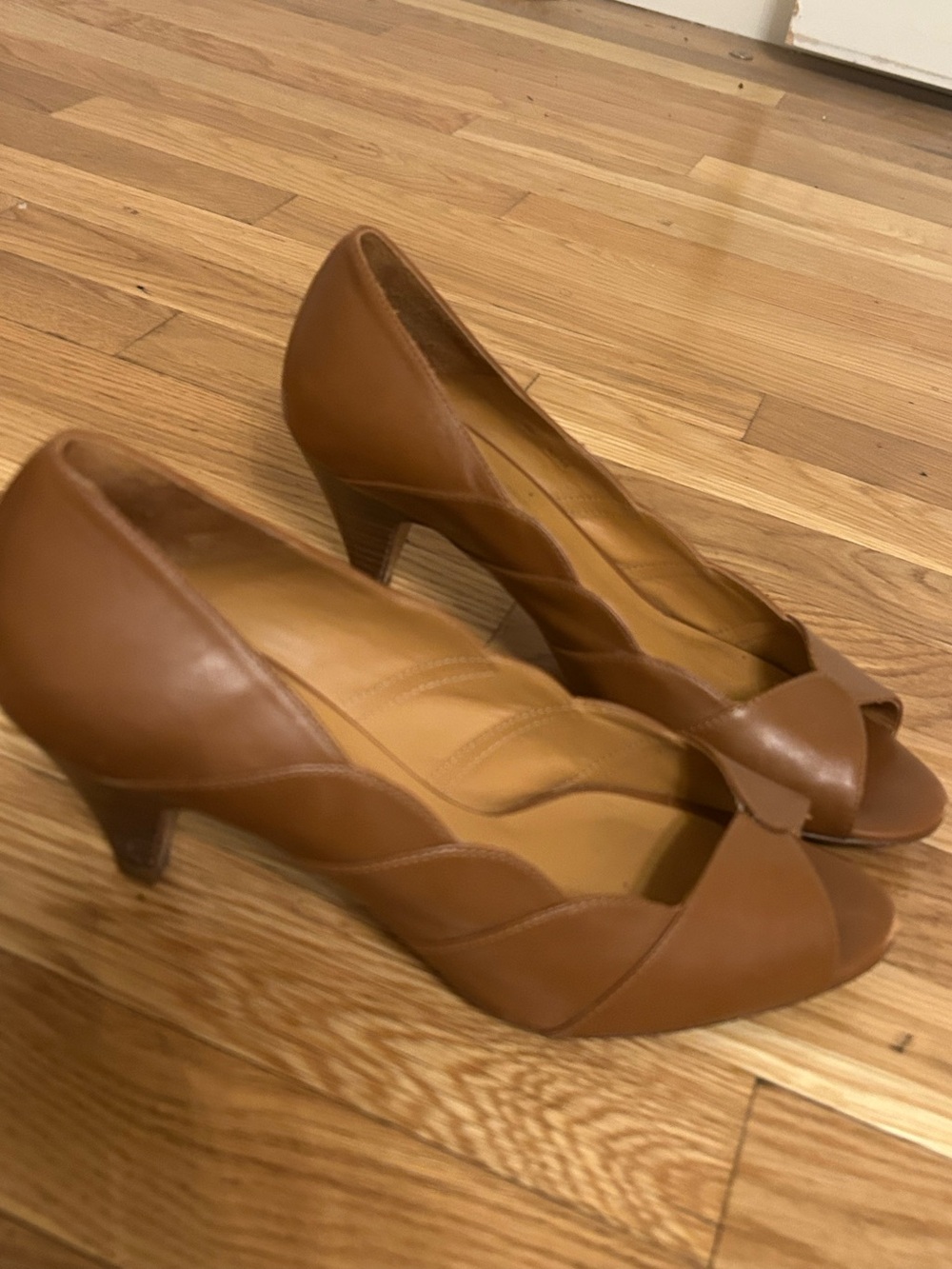 Sezane Womens Brown Peep-Toe Leather Mid-Heel Pumps